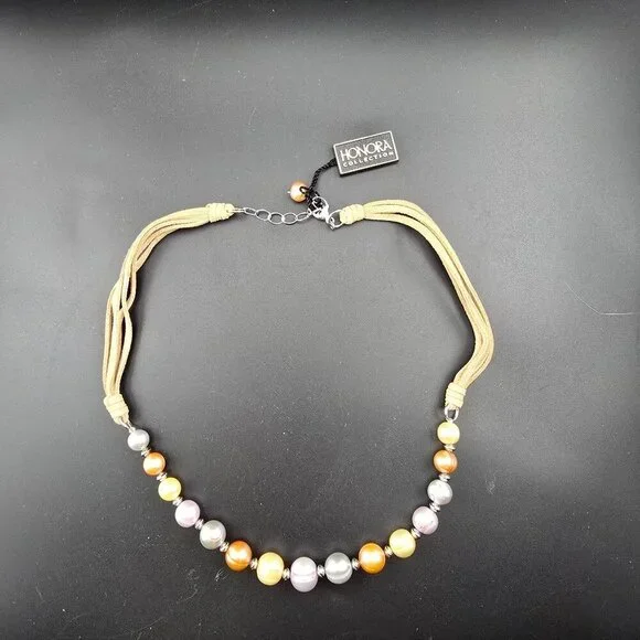 NWT Honora Multi-Color Cultured  Pearl Necklace Tan Cord Adjustable Box & Bag - Picture 3 of 10